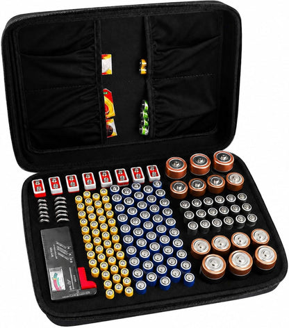 Comecase Battery Storage Case with Tester, Holds 148+ AA AAA C D 9V, Black | Hard-Shell Design, Carry Handle and Custom Foam Slots Keep Batteries Visible, Separated and Ready for Home, Garage or Office