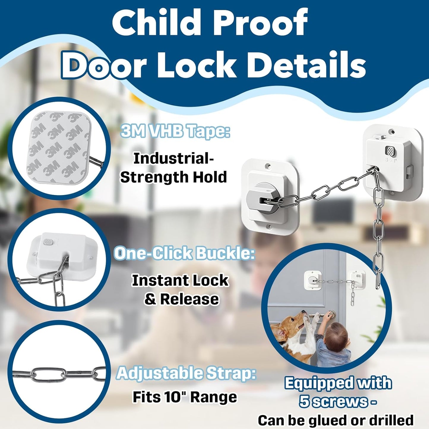 Child Proof Door Locks, No-Drill Adjustable Baby Safety Locks with 3M Strong Adhesive, Ideal for Refrigerators, Cabinets, Drawers & Toilets