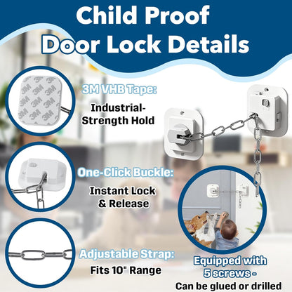Child Proof Door Locks, No-Drill Adjustable Baby Safety Locks with 3M Strong Adhesive, Ideal for Refrigerators, Cabinets, Drawers & Toilets