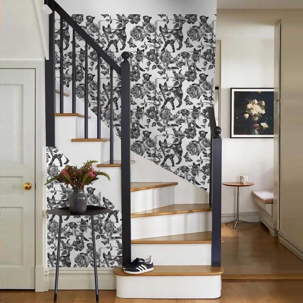 MuralPeel White Poppies Floral Modern Grey Peonies Flowers Peel and Stick Wallpaper Self Adhesive Removable Easy Peel Off Stick on Wall Paper for Bedroom Renter