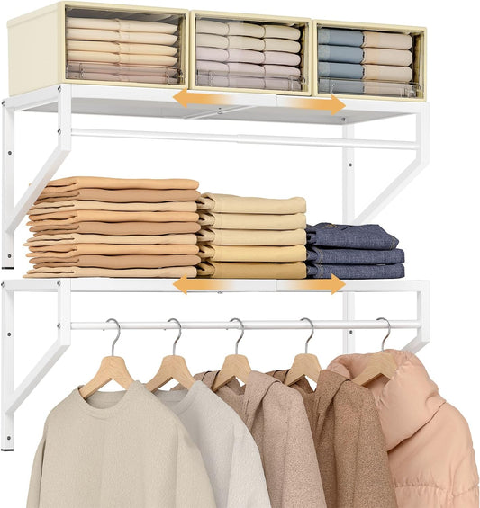 ThreeHio Expandable Closet Shelves Wall Mounted, 2 Pack Closet Shelving with Hanging Rods, Wall Shelving for Walk-in Closet, Hanging Shelves Organizer and Storage for Closet, Laundry