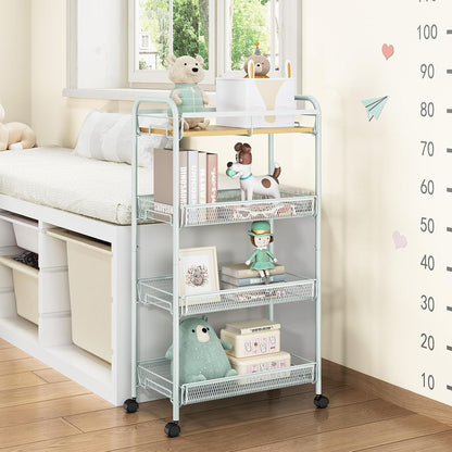 TOOLF 4-Tier Slim Rolling Cart, Metal Utility Cart, Slide Out Storage Cart with Wooden Tabletop and Mesh Baskets for Narrow Space on Kitchen Bathroom Laundry Room Bedroom Apartments Dormitory