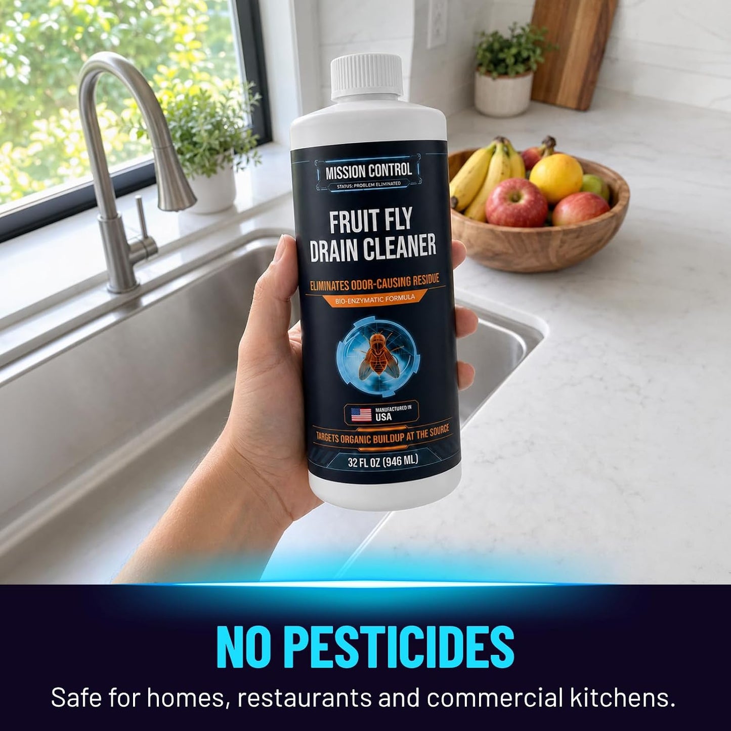 Mission Control 32 oz Bio-Enzymatic Fruit Fly Drain Treatment - Eliminates the Organic Residue and Odors That Bring Fruit Flies - Safe for Drains, Trash Cans, Sinks and Food Prep Surfaces
