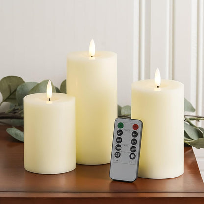 Stmarry White Flameless Candles with Remote and Timer, Real Wax Made LED Pillar Candles Battery Operated with 3D Flickering Flame - 3" x 4",5",6" - Set of 3