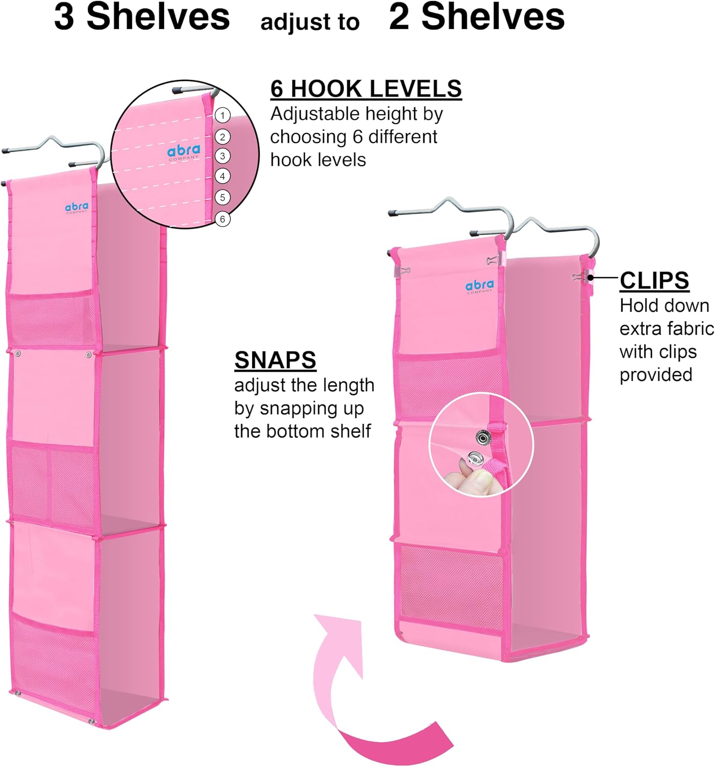 ABRA® 3 Shelf Hanging Locker Organizer for School, Gym, Work, Storage | Deep Shelves 6”x 9”| Eco-Friendly Fabric Healthy for Children | Adjustable School Locker Shelf 3 to 2 Shelves (Pink)
