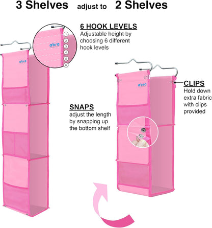 ABRA® 3 Shelf Hanging Locker Organizer for School, Gym, Work, Storage | Deep Shelves 6”x 9”| Eco-Friendly Fabric Healthy for Children | Adjustable School Locker Shelf 3 to 2 Shelves (Pink)