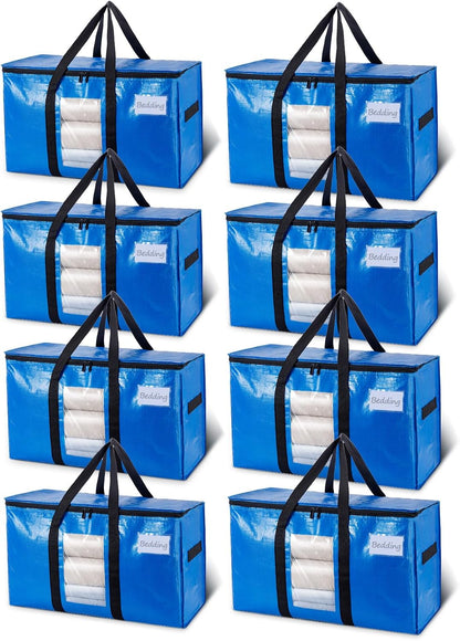 TAILI Extra Large Moving Bags, 4 Pack Blue Heavy Duty Totes For Storage with Visible Window, Wrap Around Handles, Storage Bags for Space Saving, Alternative to Moving Boxes