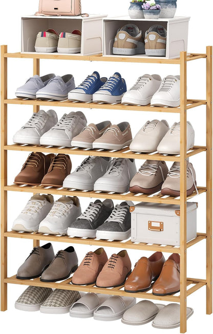 viewcare 3-Tier Black Bamboo Shoe Rack for Entryway, Stackable | Foldable | Natural, Shoe Shelf Storage Organizer for Hallway Closet, Free Standing Shoe Racks for Indoor Outdoor