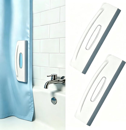 2-in-1 Magnetic Shower Curtain Clips with Squeegee, Pack of 2 – No-Drill Adhesive Wall-Mounted Holder, Keeps Curtain from Blowing Open, Streak-Free Wiper for Glass Door, Stop Water Splash on Floor