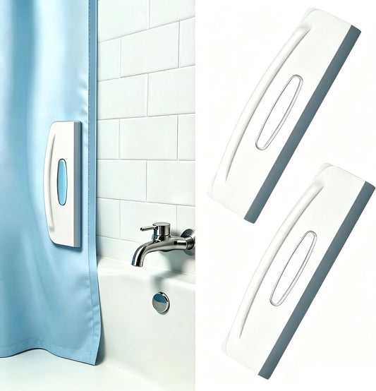 2-in-1 Magnetic Shower Curtain Clips with Squeegee, Pack of 2 – No-Drill Adhesive Wall-Mounted Holder, Keeps Curtain from Blowing Open, Streak-Free Wiper for Glass Door, Stop Water Splash on Floor