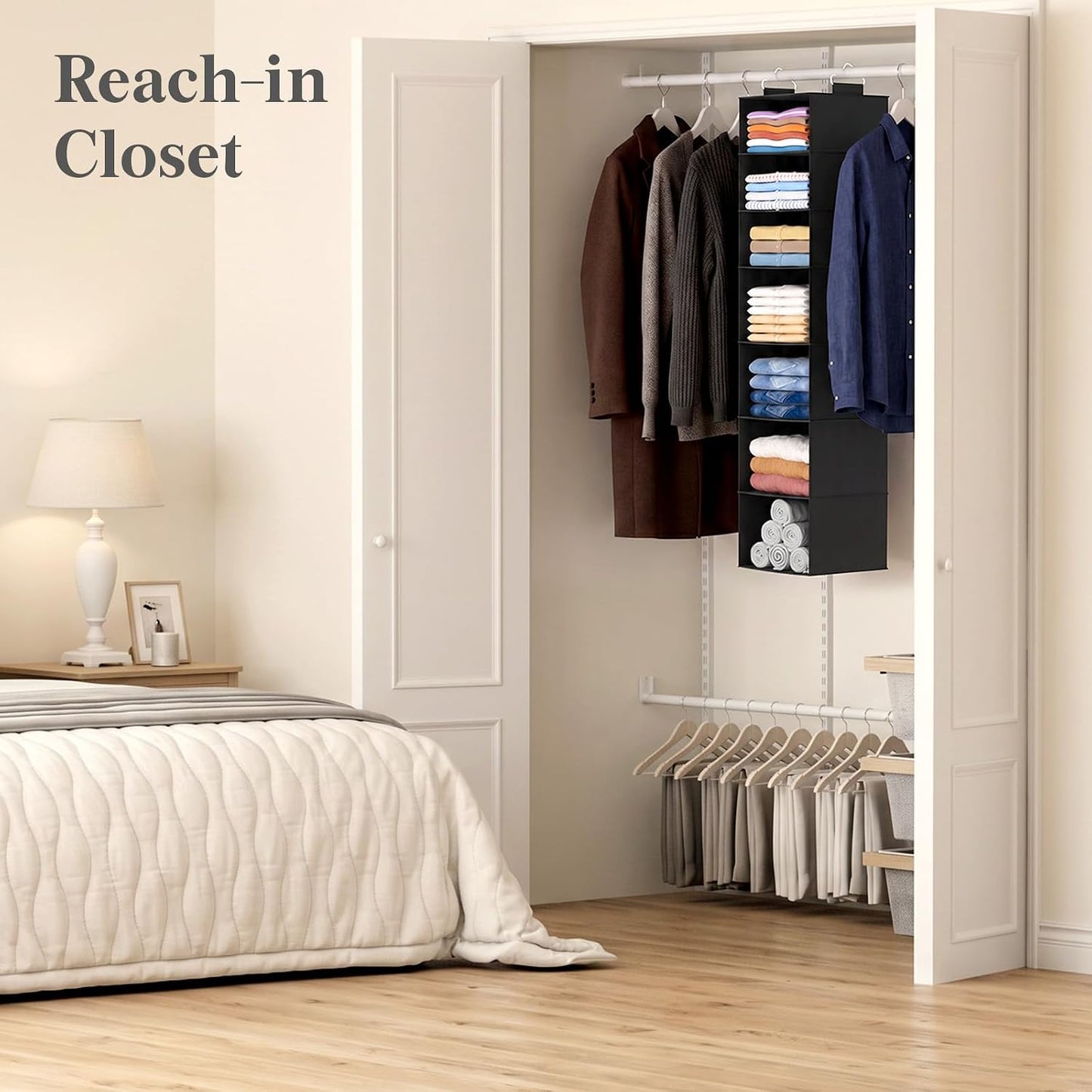 Lifewit 5 Tier Hanging Closet Organizer and Storage for Shelves, Foldable Clothes Shelf with 2 Sturdy Hooks, Sweater/Coat/Shoes Clothing Organization for Wardrobe, Dorm, Bedroom, Gray