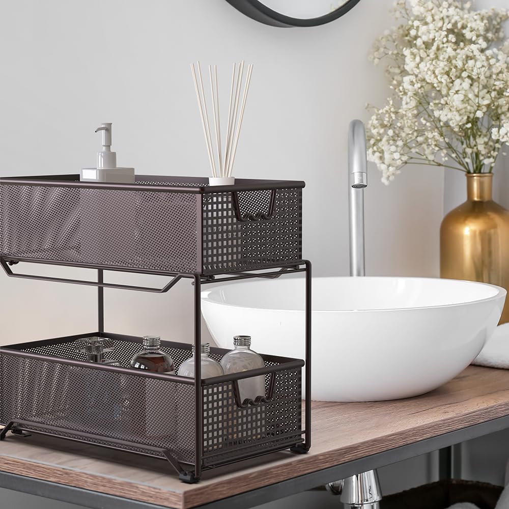 DecoBrothers 2 Tier Bathroom Storage Organizer with Pull-Out Drawer, Silver