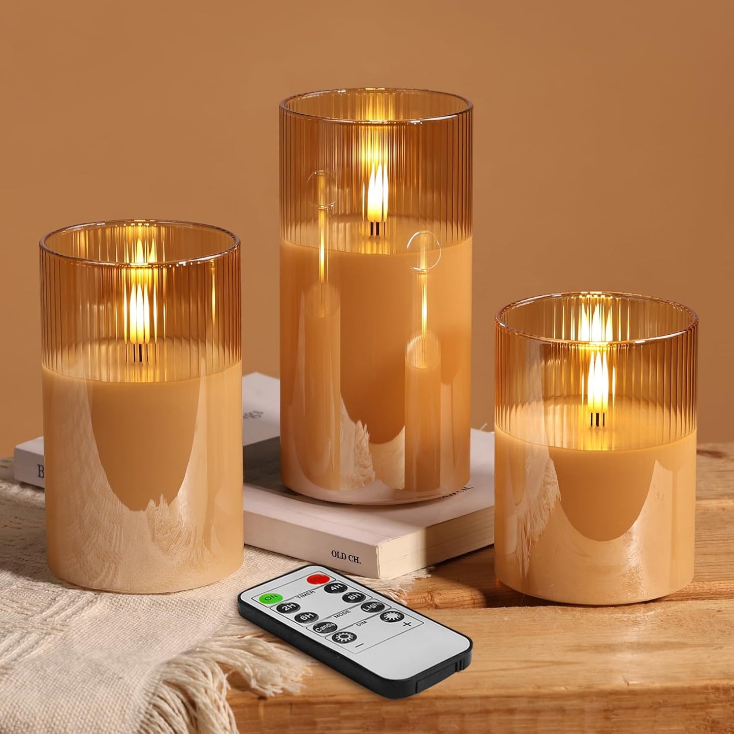 Eywamage Smoke Grey Ribbed Glass Flameless Pillar Candles with Remote, Flickering LED Wax Candles Battery Operated Set of 3