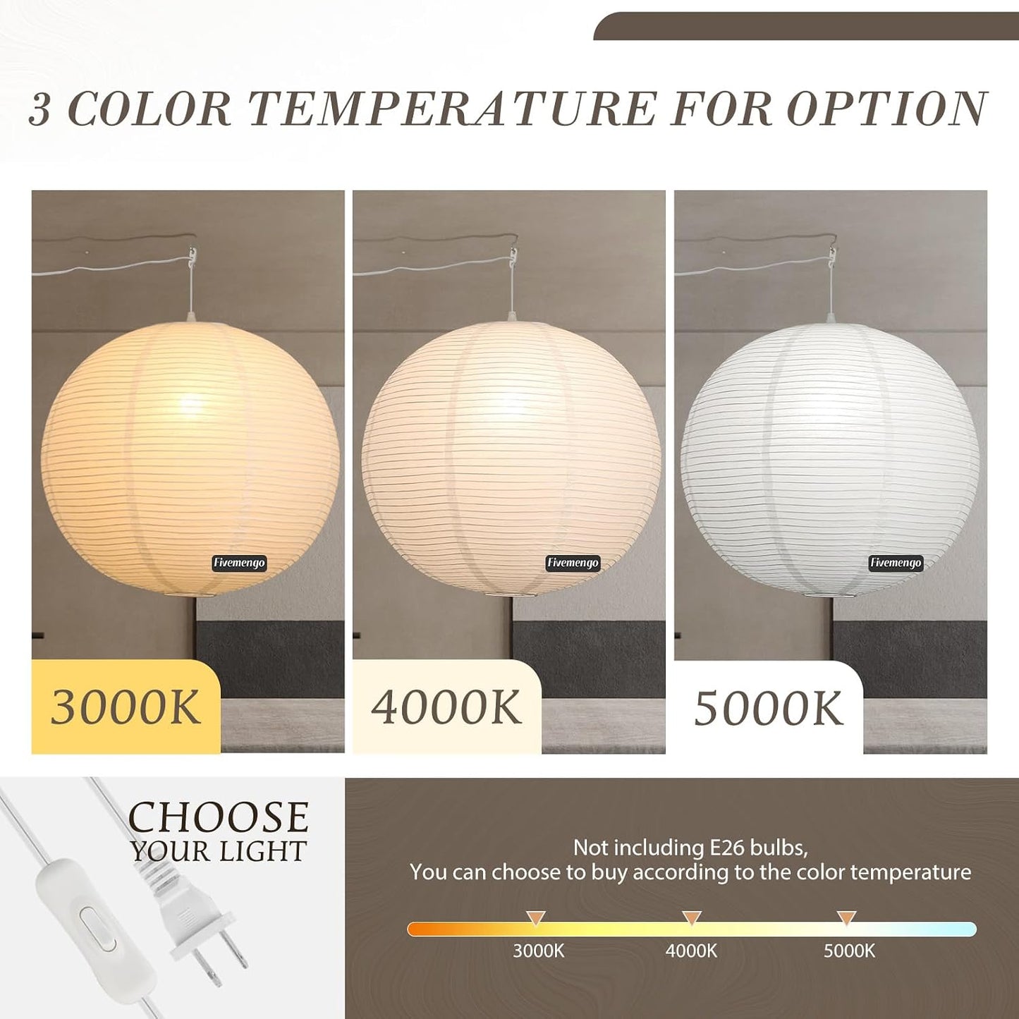 Paper Lantern Lamp Plug in Hanging Lamp 23.6in Off-White Rice Paper Pendant Light with 19.7FT Cord Large Globe Japanese Japandi Wabi Sabi Chandelier for Dining Living Room Bedroom 1 Pack