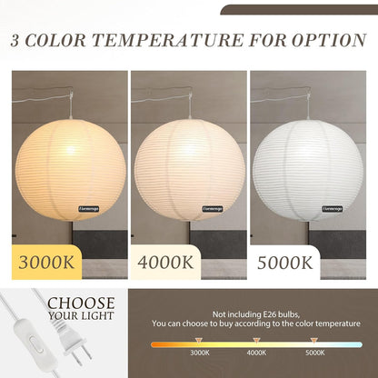Paper Lantern Lamp Plug in Hanging Lamp 23.6in Off-White Rice Paper Pendant Light with 19.7FT Cord Large Globe Japanese Japandi Wabi Sabi Chandelier for Dining Living Room Bedroom 1 Pack