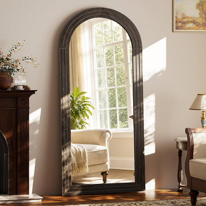 XRAMFY Full Length Mirror 65" x 22", Arched Large Floor Mirror with Solid Wood Frame, Freestanding & Wall Mounted, Antique Brown Finish for Bedroom Living Room