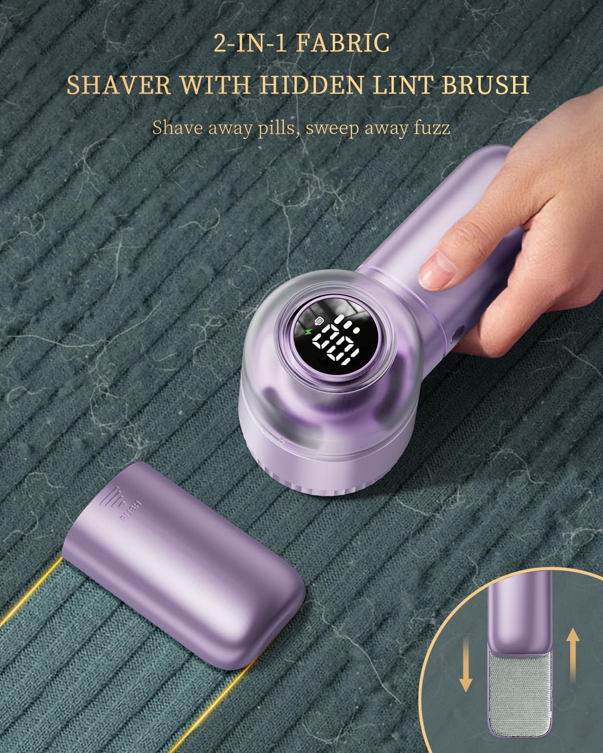 Fabric Shaver, 𝟮 𝗶𝗻 𝟭 Rechargeable Lint Remover with Brush, Large Sweater Shaver with Digital Display, 3 Speeds Lint Shaver, 6-Leaf Blades Lint Remover for Clothes, Sofa, Bedding, White