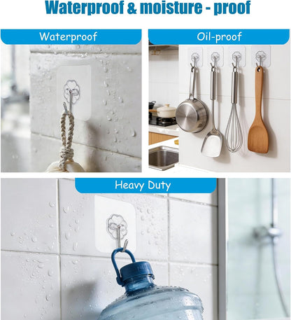 10 Pack Heavy Duty Self Adhesive Wall Hooks, Holds 33lb Max - Transparent Waterproof & Oilproof Hooks for Bathroom, Kitchen, No Drilling Strong Adhesive Holds Towels, Robes, Coats, Utensils