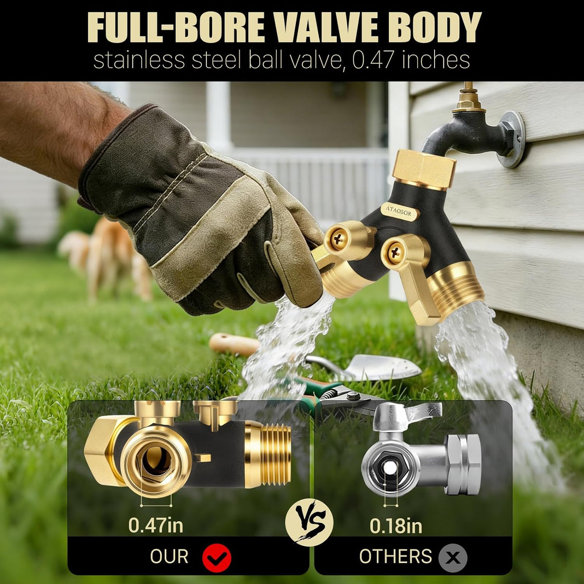 Garden Hose Splitter 2 Way Heavy Duty, Metal Body Water Hose Splitter | with Shut-Off Valve,360° Brass Swivel,3/4'' GHT Connector Full Flow Hose Bib Splitter, For Outdoor Spigot Faucet