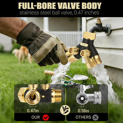 Garden Hose Splitter 2 Way Heavy Duty, Metal Body Water Hose Splitter | with Shut-Off Valve,360° Brass Swivel,3/4'' GHT Connector Full Flow Hose Bib Splitter, For Outdoor Spigot Faucet