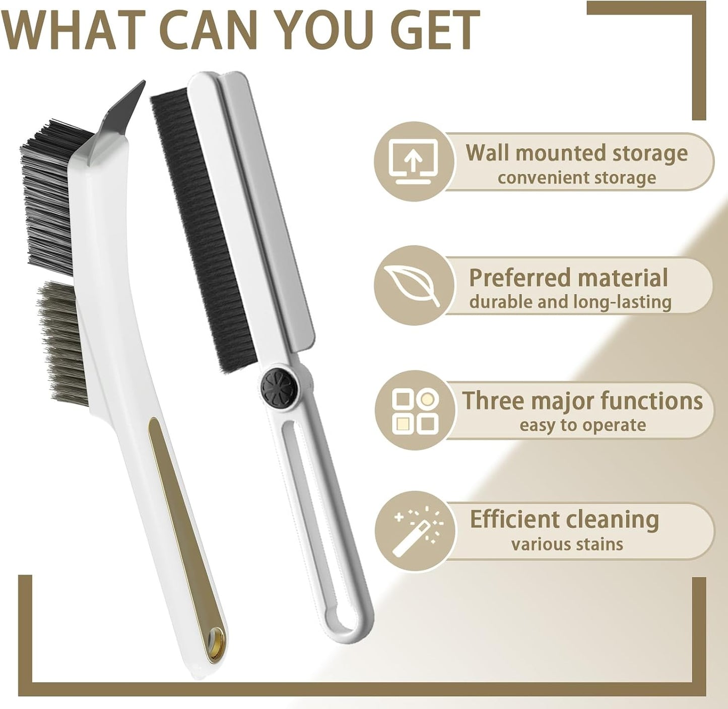 Crevice Cleaning Brushes with Rotatable Handle, Wire Nylon Scrub Brush with Stainless Steel Scraper, Grout Brush for Kitchen Stove Sink Tiles Corners Range Hood Door Window Track, 2 Pcs