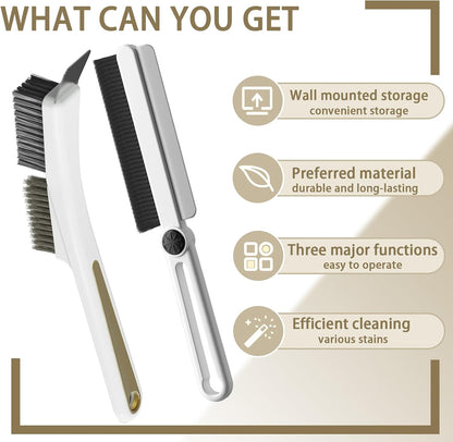 Crevice Cleaning Brushes with Rotatable Handle, Wire Nylon Scrub Brush with Stainless Steel Scraper, Grout Brush for Kitchen Stove Sink Tiles Corners Range Hood Door Window Track, 2 Pcs