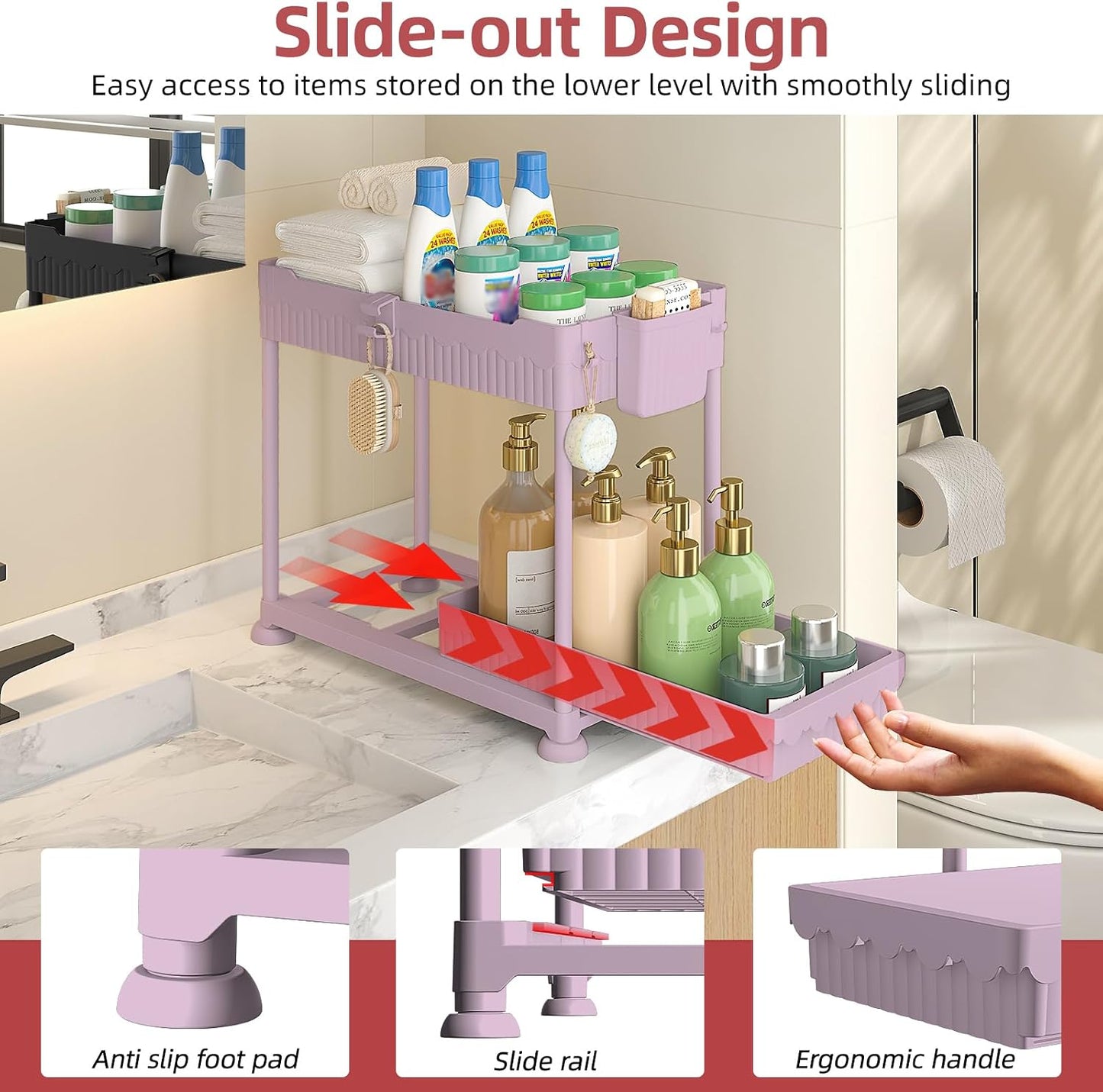 Sevenblue 4-Pack 2-Tier Under Sink Organizer with Pull Out Drawers | Multi-use kitchen & bathroom storage. Includes hanging hooks and cups. Black, space-saving cabinet design.