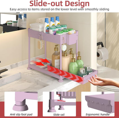 Sevenblue 4-Pack 2-Tier Under Sink Organizer with Pull Out Drawers | Multi-use kitchen & bathroom storage. Includes hanging hooks and cups. Black, space-saving cabinet design.