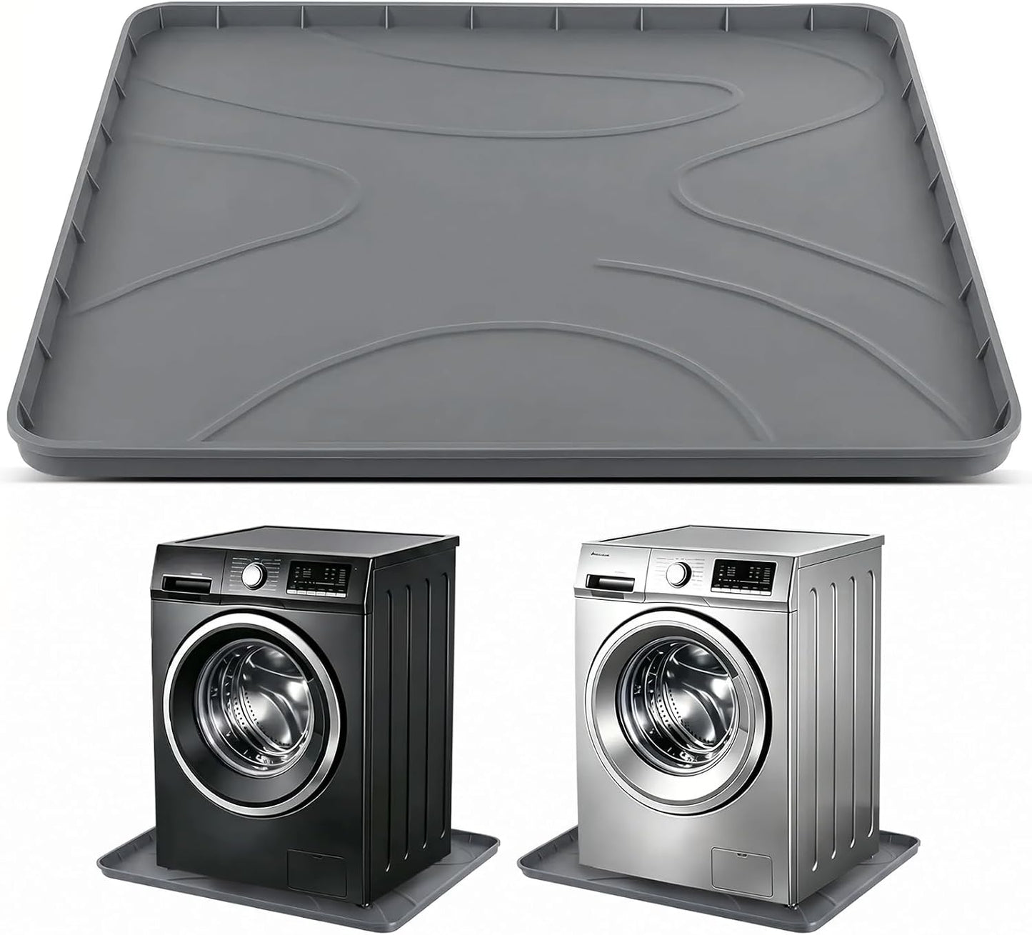Washing Machine Drain Pan，32''x30'' Silicone Mat with Raised Reinforced Frame & Triangular Reinforcing Rib,fits Most Washer Models, Washing Machine Tray for Floor Protection in Laundry Room (gray)