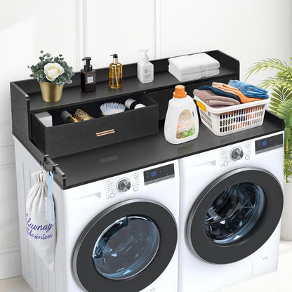 VEVOR Washer Dryer Countertop with 2-Tier Shelf, 54" x 27" Wooden Washer and Dryer Countertop with Anti-Slip Pads, Water-Resistant Laundry Topper Cover for Laundry Room Organization and Storage, Black