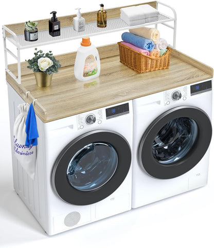 VEVOR Washer Dryer Countertop with 2-Tier Shelf, 54" x 27" Wooden Washer and Dryer Countertop with Anti-Slip Pads, Water-Resistant Laundry Topper Cover for Laundry Room Organization and Storage, Black