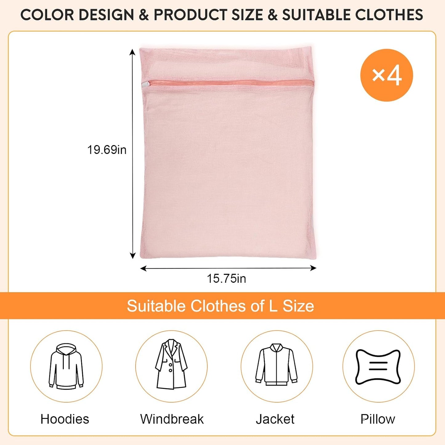4-Piece Pink Medium Durable Organic Cotton Mesh Laundry Bags with Sturdy Zippers and Breathable Mesh are Delicate Laundry Bags for Underwear, Clothes, Pants and Socks