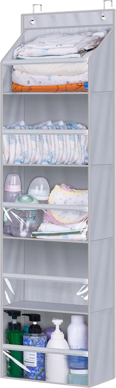 AOODA 2 Pack Over the Door Organizer, Large Capacity Closet Door Hanging Organizer, Clear Deep Pockets Baby Organizer Storage for Nursery, Bathroom, Bedroom, Pantry, Diapers (Grey)