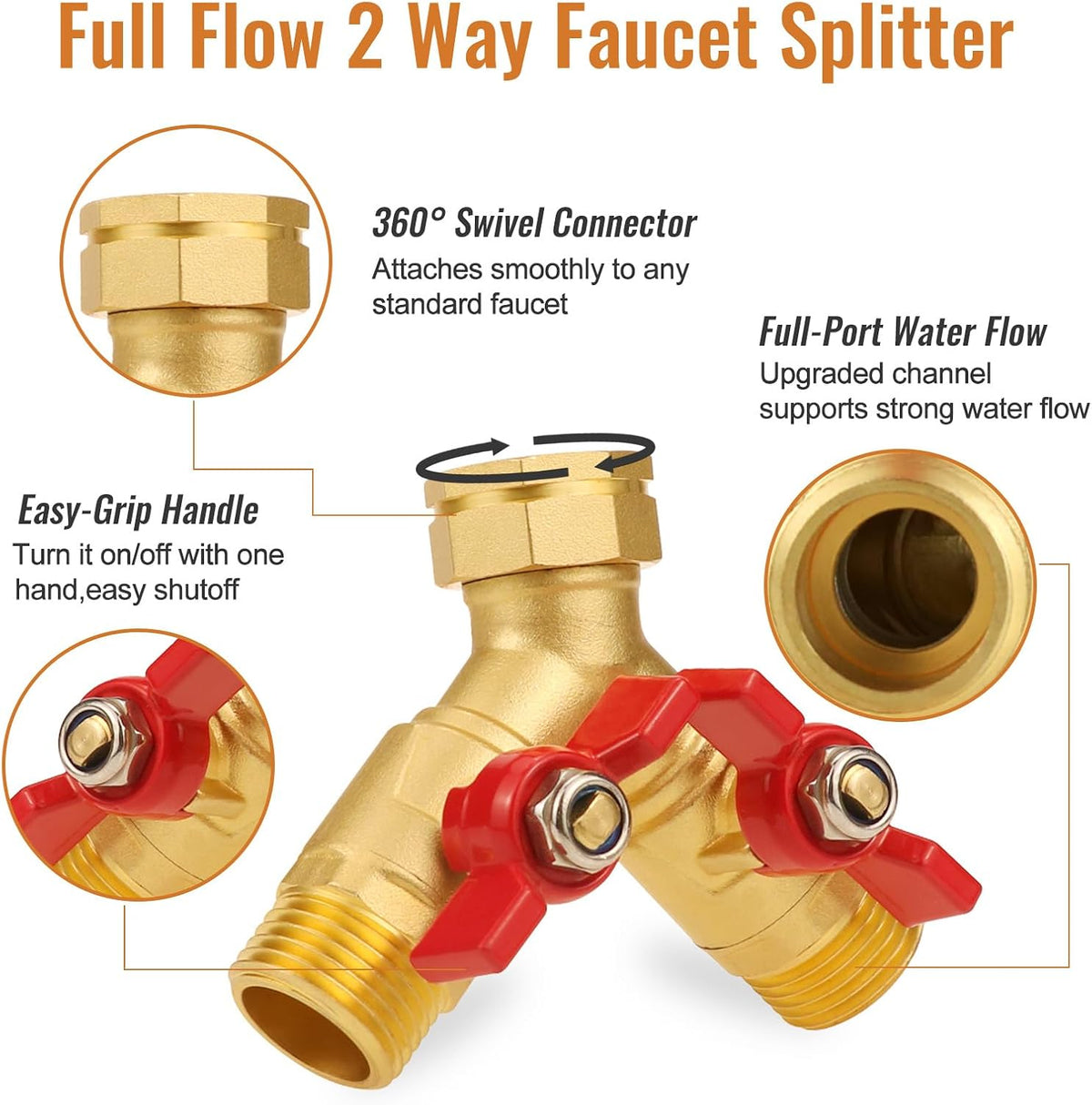 Angry Pony Spigot Splitter 2 Way, GHT 3/4 Hose Bib Splitter for Spigot | for Garden/Lawn/Patio Watering Task,Solid Brass,Individual Shutoff,Dual Hose Splitter,Wide Flow Port,Easy to Install