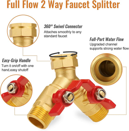 Angry Pony Spigot Splitter 2 Way, GHT 3/4 Hose Bib Splitter for Spigot | for Garden/Lawn/Patio Watering Task,Solid Brass,Individual Shutoff,Dual Hose Splitter,Wide Flow Port,Easy to Install