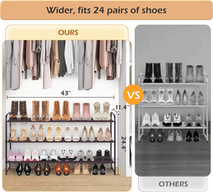 MISSLO 3-Tier Long Shoe Rack for Closet Shoe Organizer for Closet Floor Entryway Storage Stackable Wide Shoe Shelf Stores 24 Pairs of Men Sneakers, Black