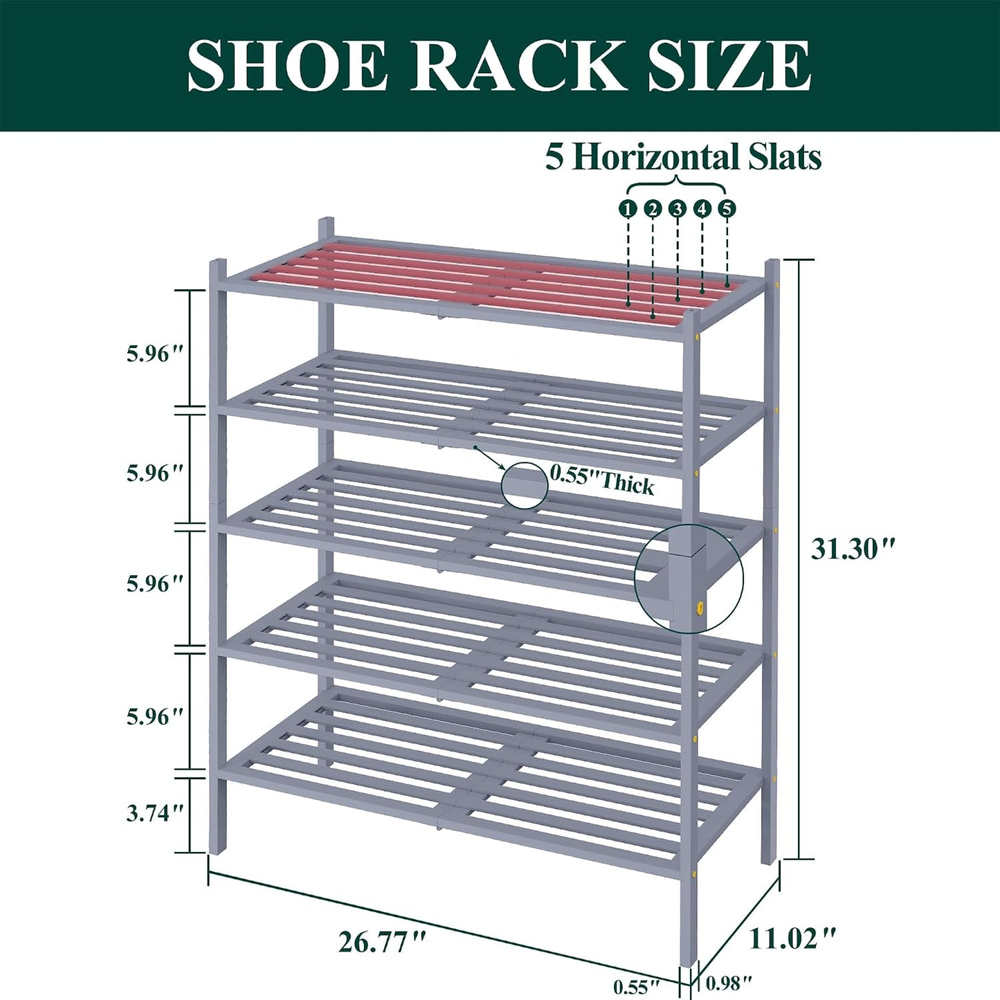 Smiry Bamboo Shoe Rack, 3 Tier Free Standing Wooden Shoe Organizer, Stackable Wood Shoe Storage Shelf for Closet, Entryway, 5 Horizontal Slats, 26.8"x11"x18.3", Natural
