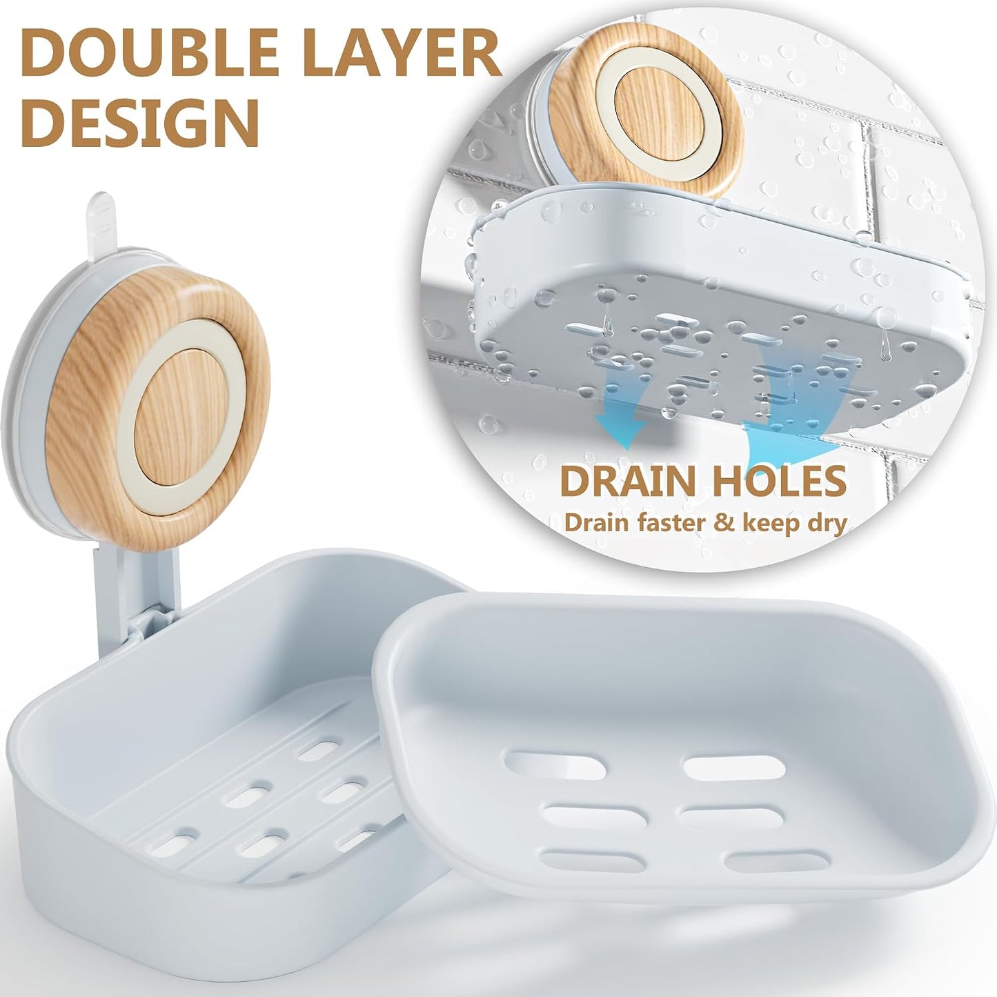 Double Layer Soap Dish for Shower 2 Pack, Wall Mounted Bar Soap Holder Suction Cup 2 Layer Self Draining Soap Case Sponge Holder for Shower Bathroom, Tub and Kitchen Sink, Drill-Free Tray