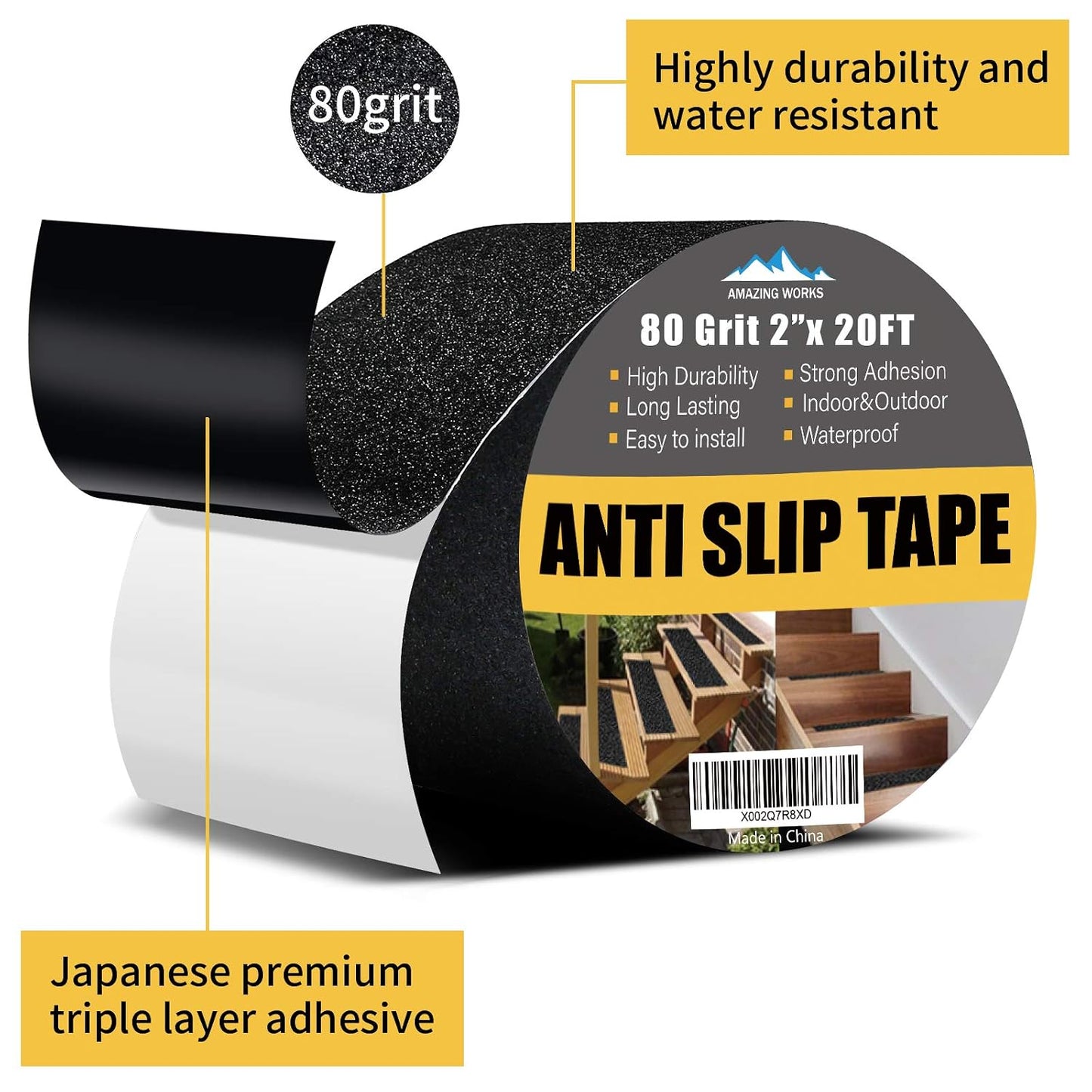 Grip Tape - Heavy Duty Anti Slip Tape 80 Grit Non Slip for Stairs Outdoor/Indoor, Waterproof High Traction Stairs Non Skid Treads, Durable Triple Layer Adhesive - Black (1 Inch x 20 Feet)