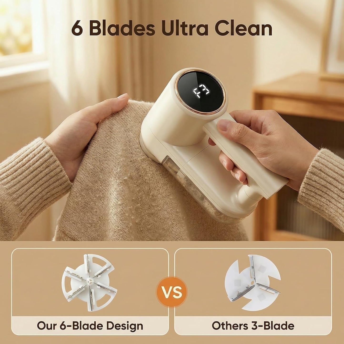 Fabric Shaver, Lint Shaver with 3 Speeds, Type-C Fast Charging Lint Remover, 6 Blade, LED Display, Sweater Shaver with 2 Replacement Blades, Pilling Remover for Clothes, Couch, Blanket