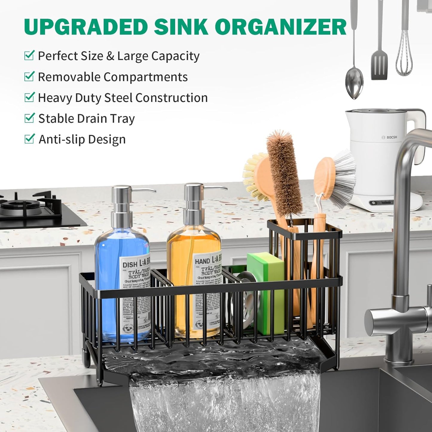 TomCare Extra Large 11'' Sink Caddy With Drain Tray Non-slip Kitchen Sink Organizer With 2 Adjustable Dividers High Brush Holder Rustproof Sponge Holder Kitchen Storage Accessories for Counter