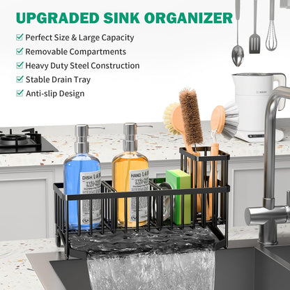 TomCare Extra Large 11'' Sink Caddy With Drain Tray Non-slip Kitchen Sink Organizer With 2 Adjustable Dividers High Brush Holder Rustproof Sponge Holder Kitchen Storage Accessories for Counter