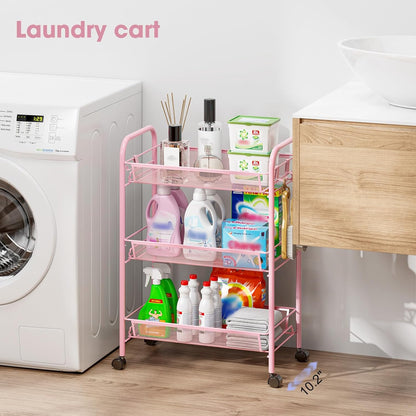 TOOLF 3-Tier Metal Rolling Cart, Mesh Wire Easy Assemble Utility Cart, Storage Trolley on Wheels with 3 Hooks, MetalStorage Shelving Units for Kitchen Bathroom Laundry Room