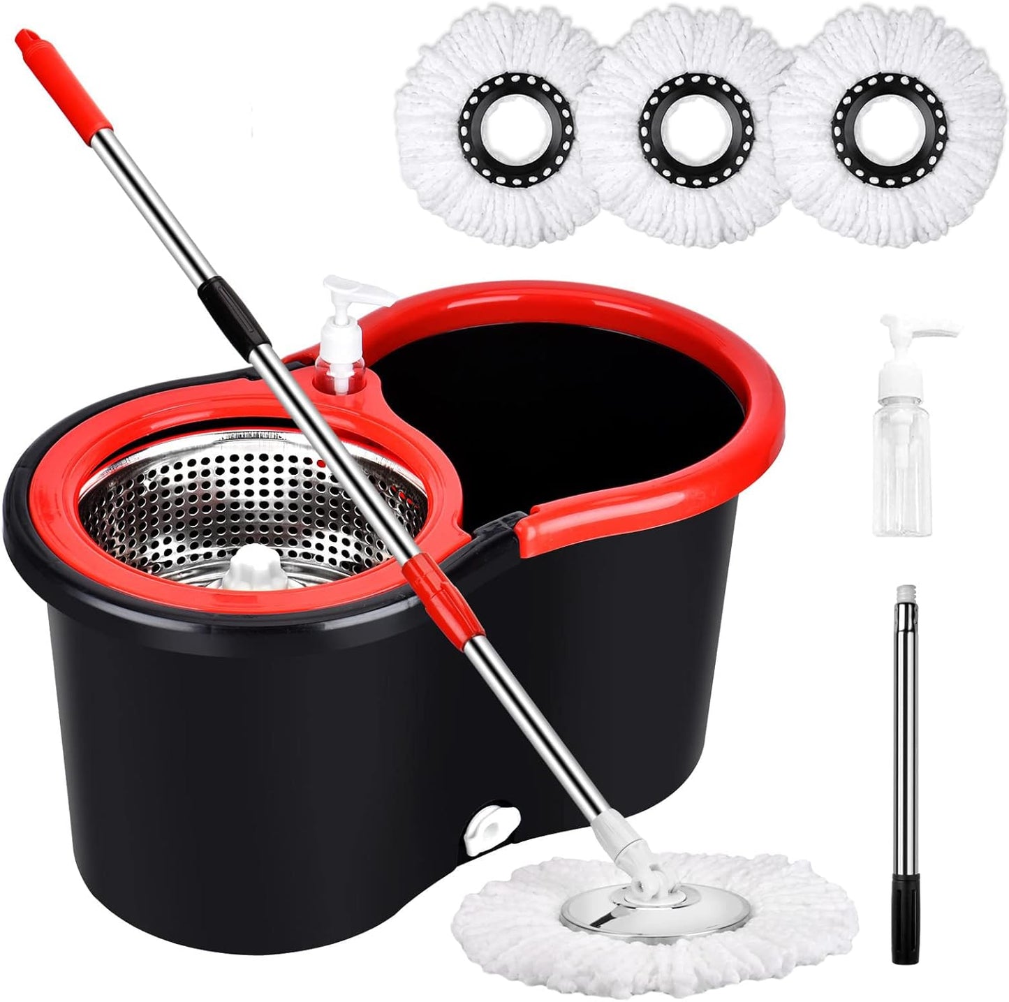 Spin Mop and Bucket with Wringer Set on Wheels, 360 Spinning Mop with Stainless Steel Handle for All Hard Surfaces, Floor Cleaning System with 3 Microfiber Replacement Heads, Black/Red