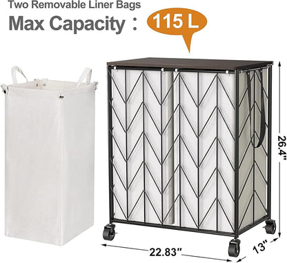 WOWLIVE Laundry Basket with Wheels, 142L Laundry Hamper 3 Section with Lid, Dirty Clothes Hamper with Removable Bags, Large Capacity Iron-Made Laundry Basket Organizer Laundry Sorter for Dorm, White