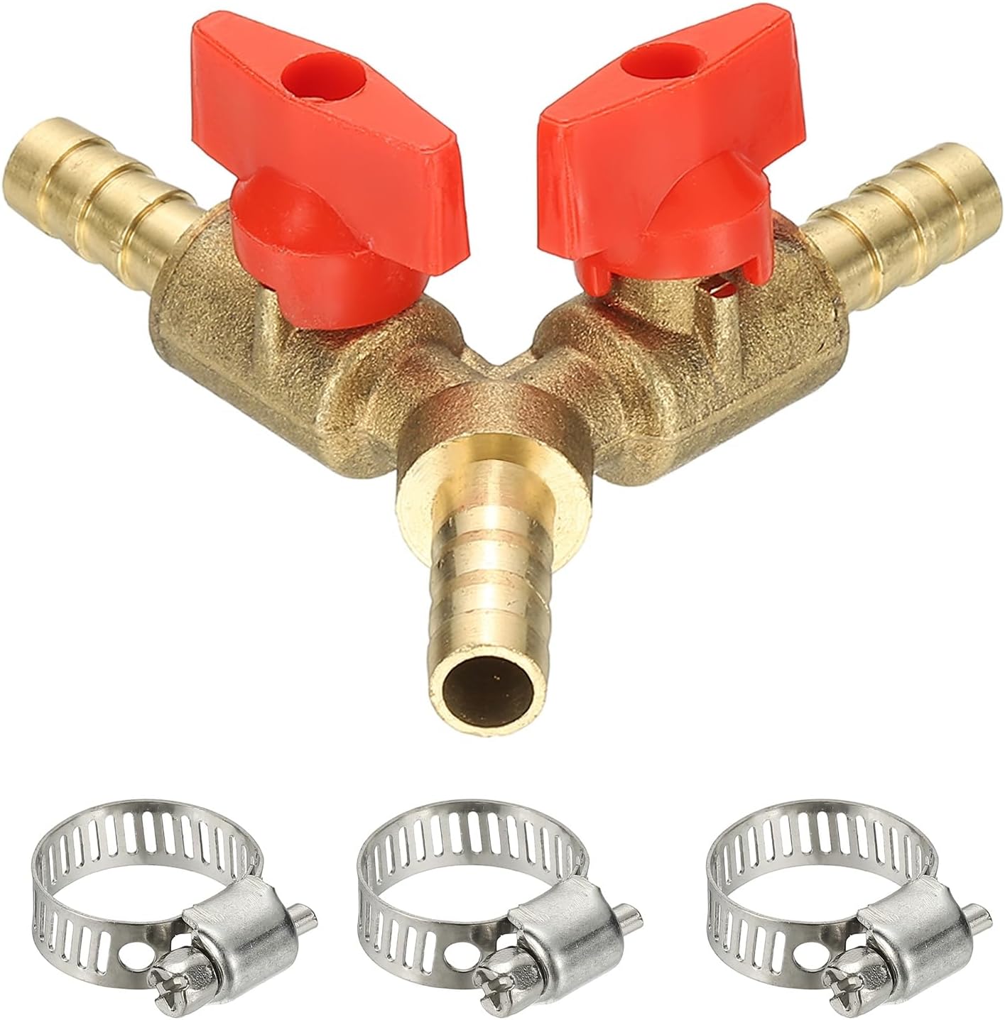 PATIKIL 3 Way Shut Off Ball Valve, 1/4" Y Shaped 3 Way Brass Garden Hose Barb Splitter Line Sprayer Parts Coolant Hose Valve Fitting with 2 Red Switch for Gas Fuel Oxygen, 1 Set