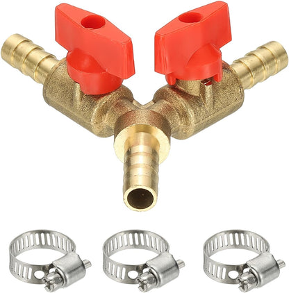 PATIKIL 3 Way Shut Off Ball Valve, 1/4" Y Shaped 3 Way Brass Garden Hose Barb Splitter Line Sprayer Parts Coolant Hose Valve Fitting with 2 Red Switch for Gas Fuel Oxygen, 1 Set