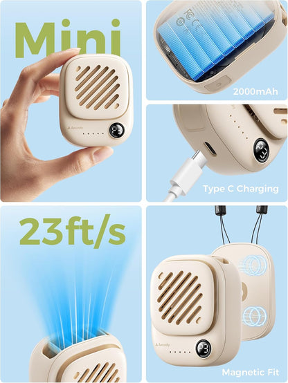Aecooly Magnetic Clip On Fan, Mini Portable Neck Fan, Mighty Waist Fans, Light Hat Fans, Hands Free USB Rechargeable [10H Max Cooling Time], Personal Battery Powered for Travel, Gifts for Women -Beige