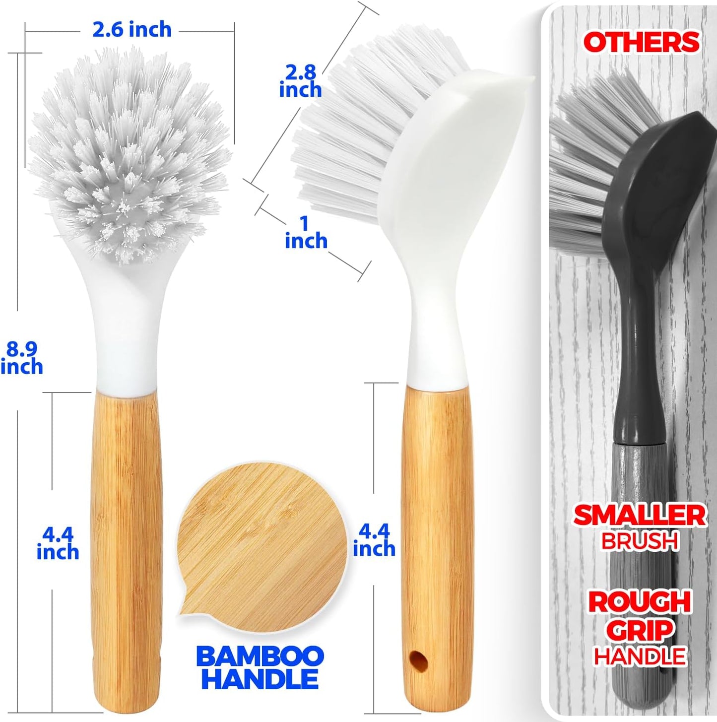 Holikme 3 Pack Dish Brush Set with Bamboo Handle, Kitchen Brushes for Cleaning Pot, Sink and Stove, Skillet Scrubber with Tough Bristles for Cast Iron Grill Pan, White Yellow Black