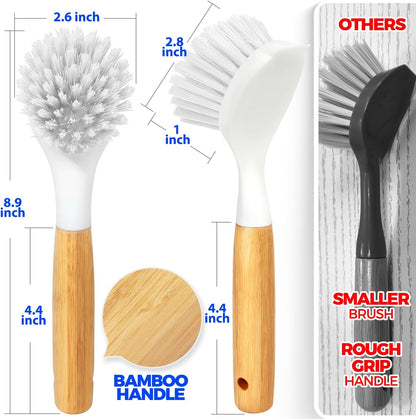 Holikme 3 Pack Dish Brush Set with Bamboo Handle, Kitchen Brushes for Cleaning Pot, Sink and Stove, Skillet Scrubber with Tough Bristles for Cast Iron Grill Pan, White Yellow Black